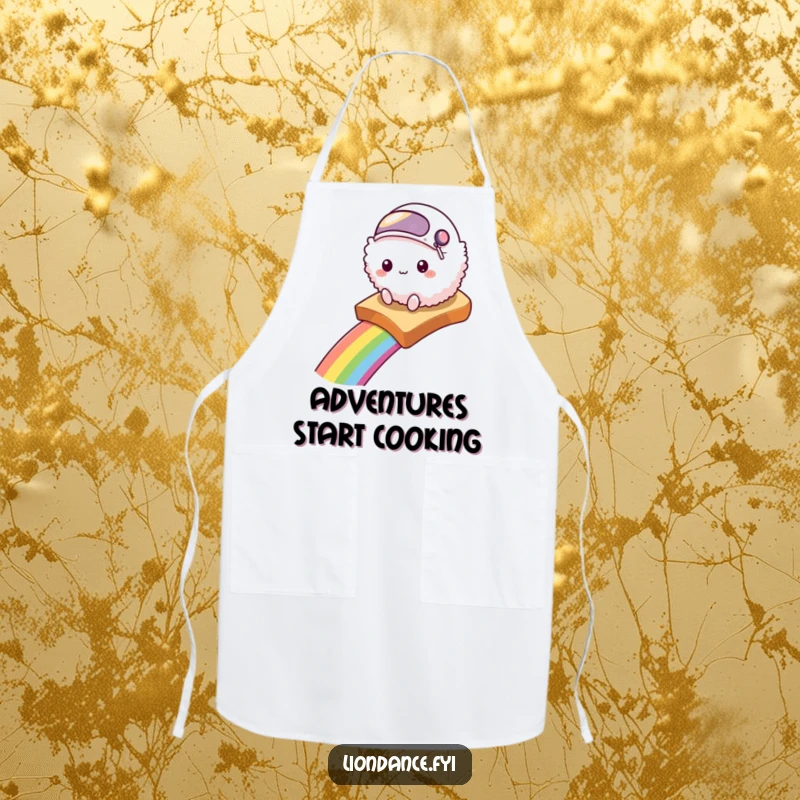 Funny apron depicting a fluffy creature in a helmet sliding down a rainbow on toast, perfect for magical cooking.