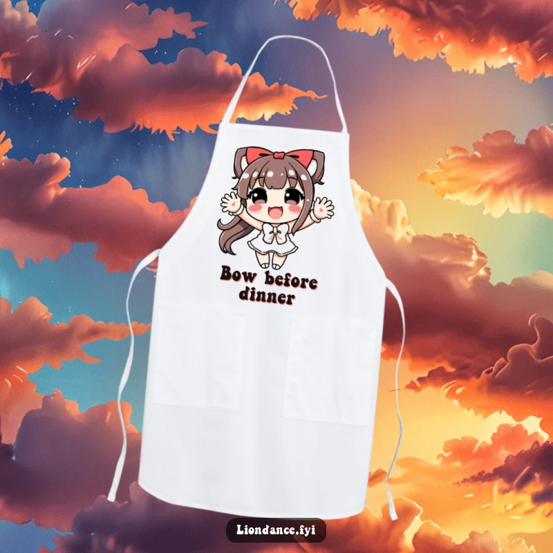 Funny Apron featuring a character doing an exaggerated, joyful bow, perfect for a theatrical cooking experience.