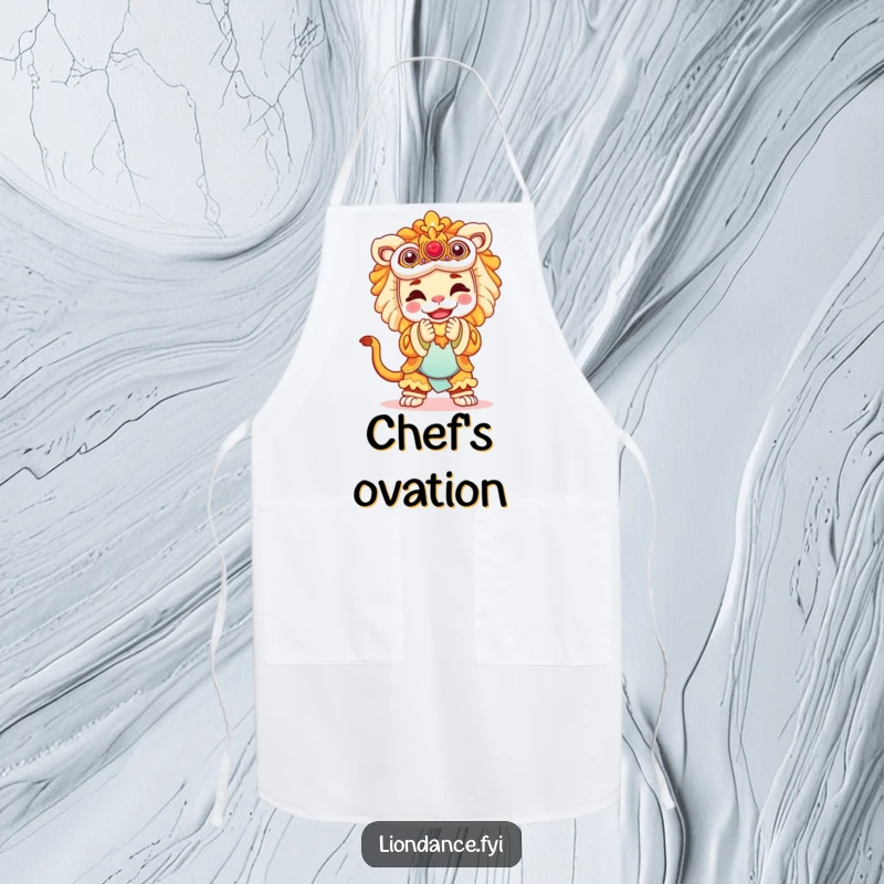 Funny cooking apron adorned with a joyful performer in a lion costume bowing, adding humor to culinary endeavors.