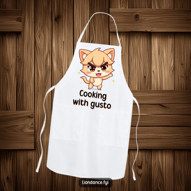 Funny apron with a character in mid-action, determined yet playful, perfect for enthusiastic cooking. Great funny gift.