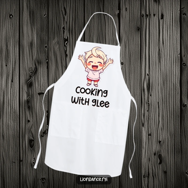 Funny apron with a delighted child character cheering enthusiastically, ideal for kitchen fun and adding a splash of contagious, happy spirit to cooking.