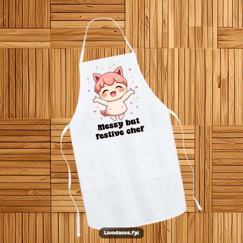 Funny confetti character apron depicting a delighted figure beaming with a smile while scattering colorful confetti during cooking.