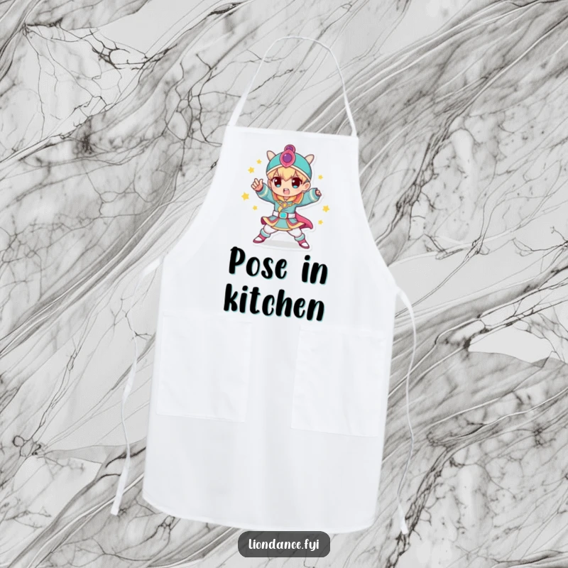 Funny Apron showcasing a character in a colorful costume striking a dynamic pose, perfect for kitchen flair, a practical funny gift.