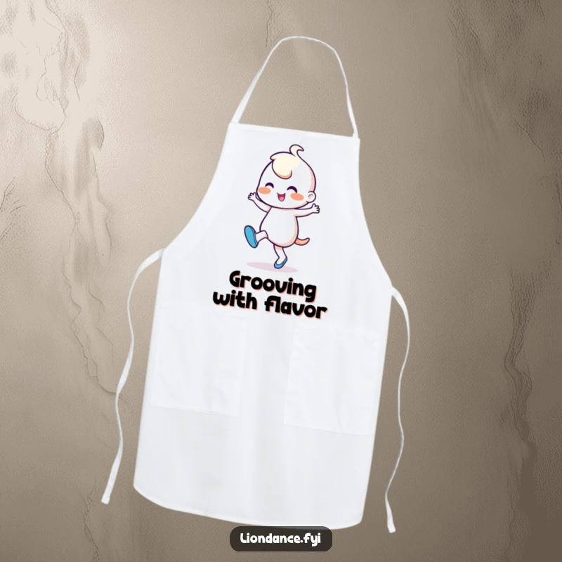 Funny Apron: Cheerful character in a happy, rhythmic dance pose, perfect for a chef who loves to move while cooking.