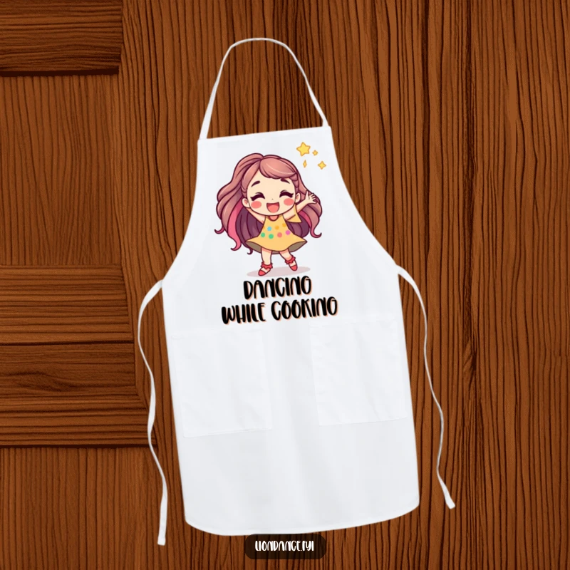 Funny apron with a jubilant cartoon character dancing energetically, adding a humorous and spirited touch to cooking.