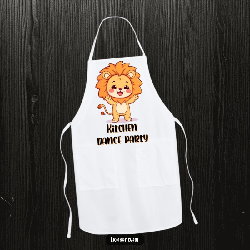 Funny apron featuring a character dressed as a lion doing a silly, joyful dance, perfect for a playful cook.