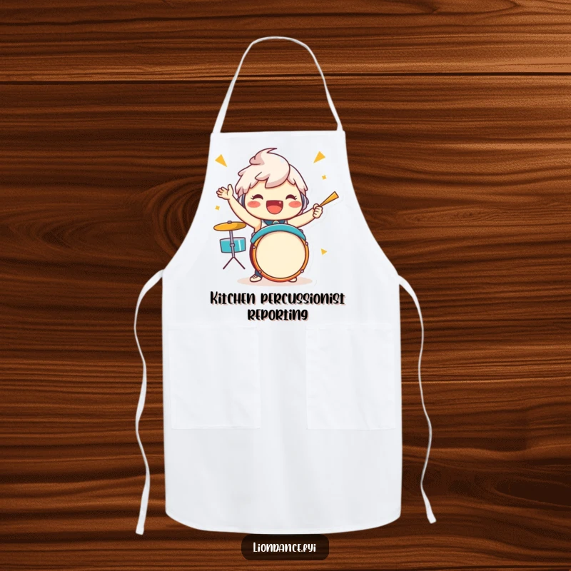 Funny drummer character apron depicting a jubilant figure energetically playing drums, bringing rhythm and fun to the kitchen.