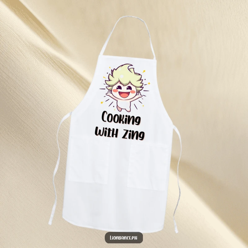 Funny kitchen apron with a smiling character bursting with energetic movement, ideal for cooking with vibrant and humorous flair.