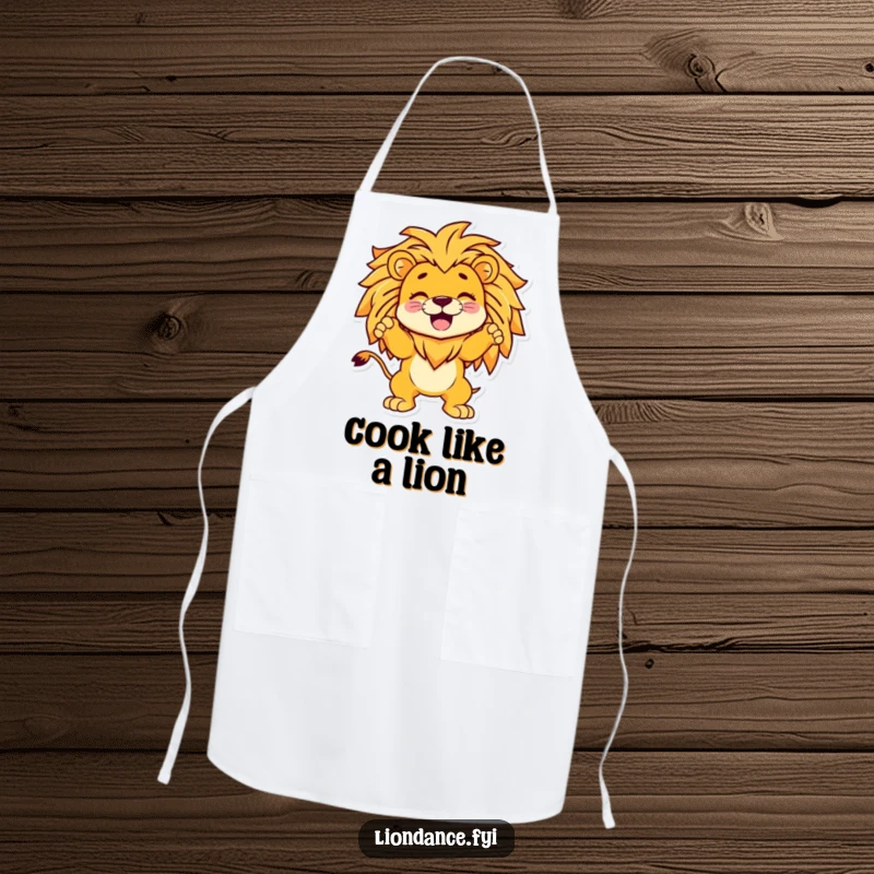 Funny apron depicting a laughing cartoon character striking a chef's pose within a lion's roaring mouth, adding kitchen humor.