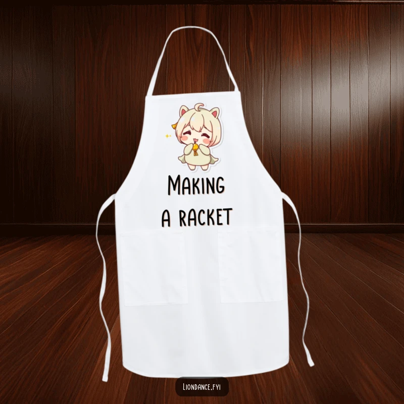 Funny Apron showing a character playfully shaking a jingling prop, perfect for a joyful cooking experience.