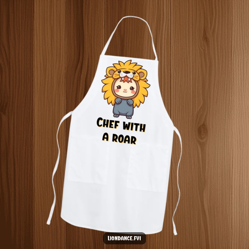Funny apron displaying a character peeking from a colorful lion head costume, perfect for a playful kitchen.