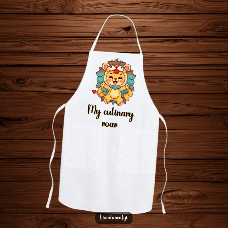 Funny apron with a character joyfully leaping from a colorful lion costume, adding energetic humor to kitchen activities.