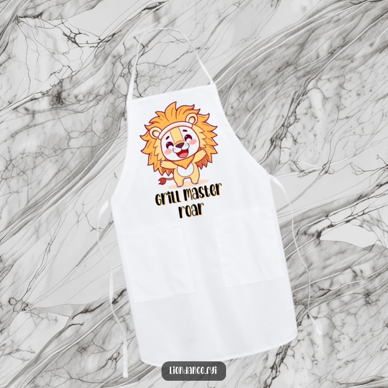 Funny apron with a playful character in a large lion costume head doing a happy spin, adding humor to kitchen activities.