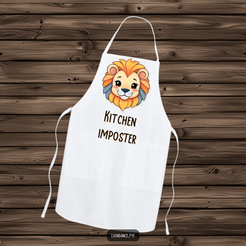 Funny apron with a playful character peeking from a colorful lion head, adding quirky charm and protection to cooking.
