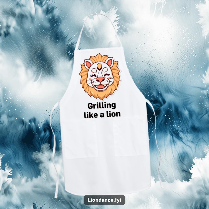 Funny kitchen apron featuring a cute lion mask character winking with a big smile, perfect for adding playful charm.