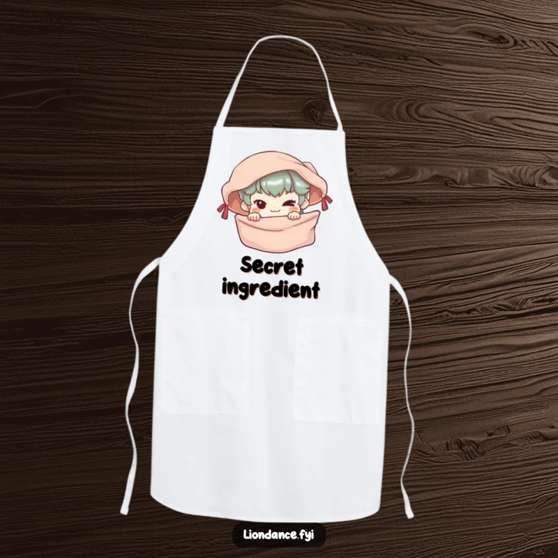Funny Apron showing a mischievous character peeking from behind a silken banner, perfect for a fun cooking session.