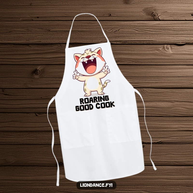 Funny apron with a happy cartoon character making exaggerated roaring gestures, adding a humorous and bold touch to cooking.