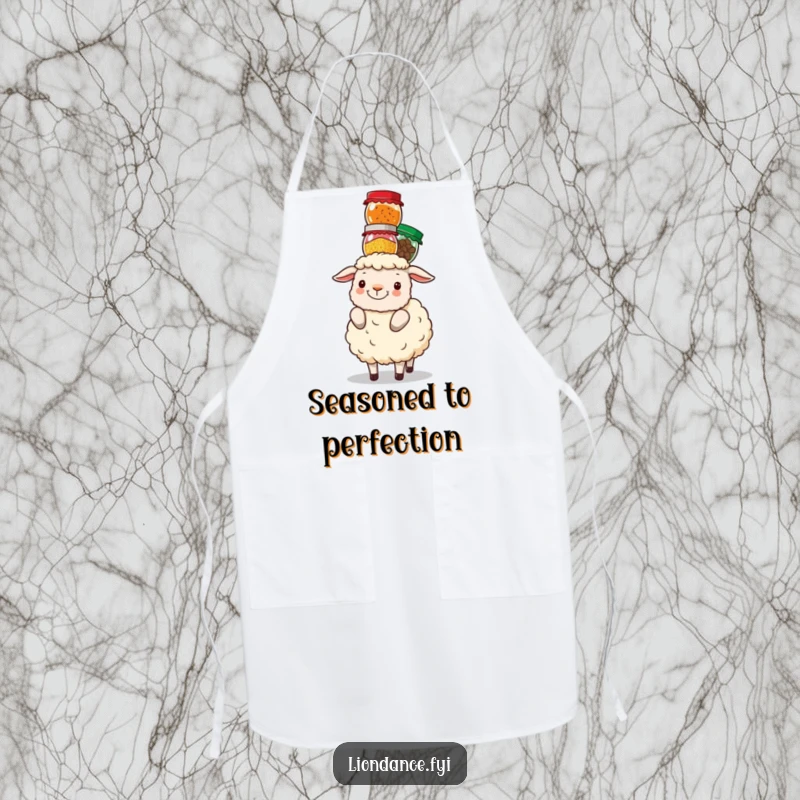 Funny sheep balancing a stack of colorful spice jars on its head, shown on a kitchen apron for chefs.