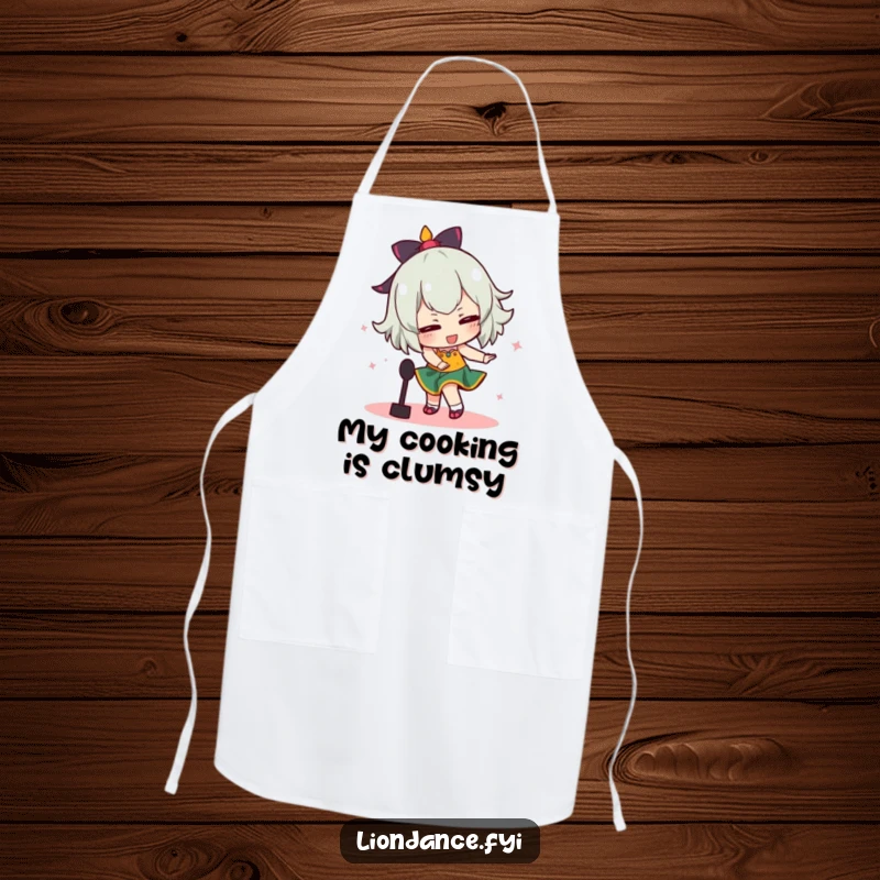 Funny apron featuring a dancer comically tripping over a prop, perfect for a humorous cooking or dancing enthusiast.