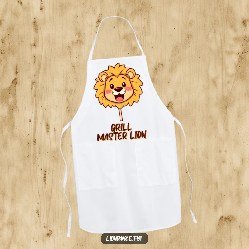 Funny Apron showcasing a cute lion head prop with a cheerful smile, ready for kitchen duty, a practical and funny gift.