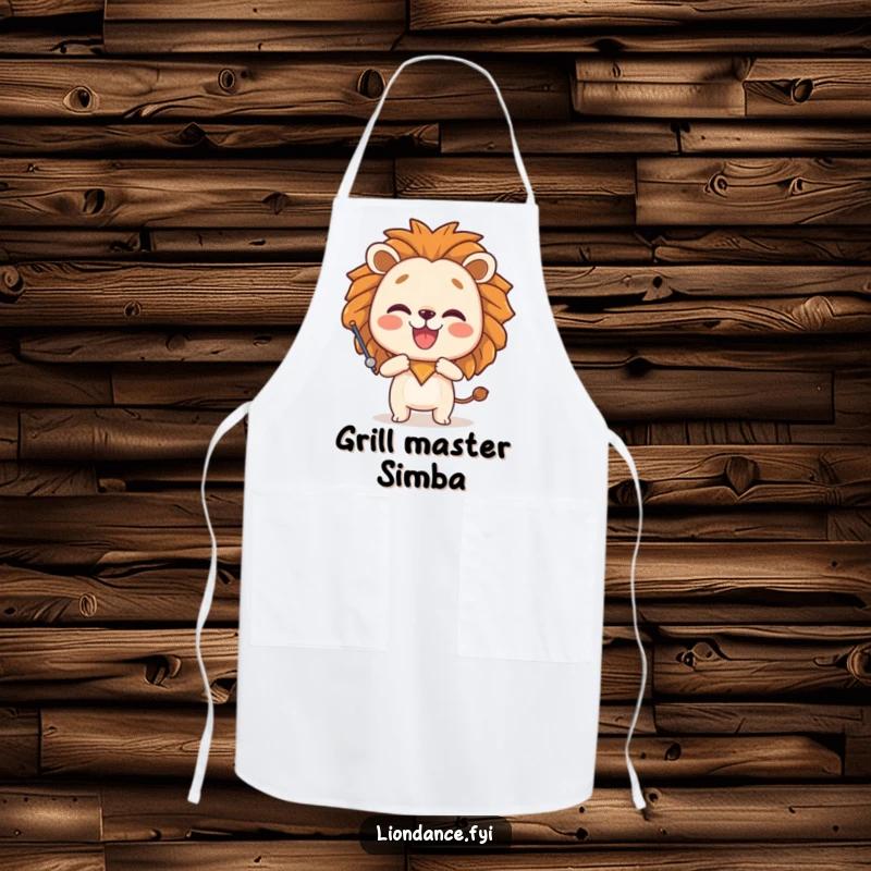 Funny apron showing a joyful character posing playfully with a lion head prop, ideal for adding humor and personality to kitchen tasks.