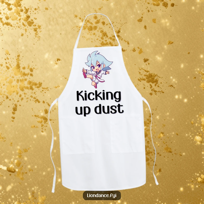 Funny apron design featuring a character executing a powerful kick, ideal for the kitchen warrior.