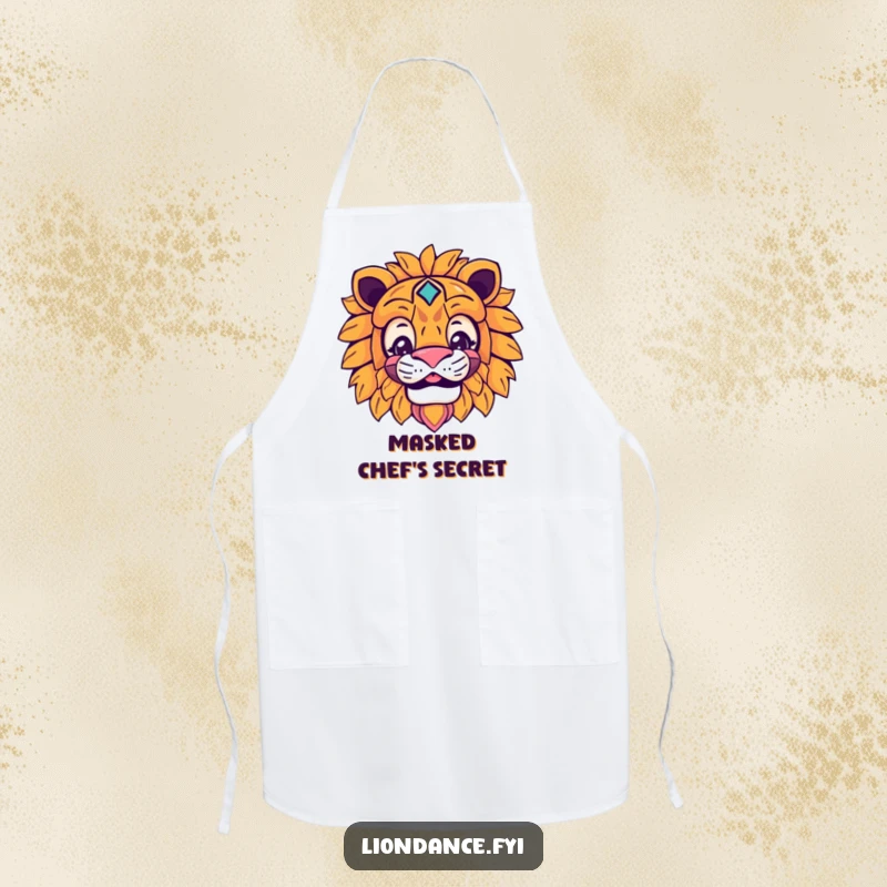 Funny lion mask apron featuring a smiling character peeking from behind the mask, perfect for cooking.
