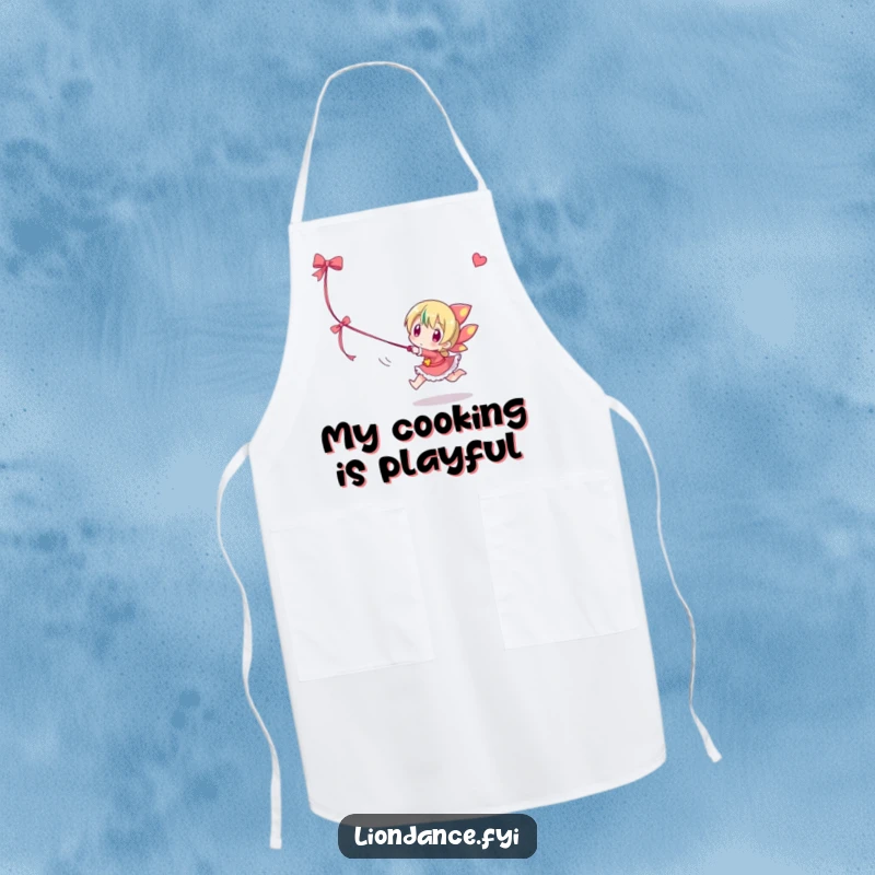 Funny apron featuring a character playfully chasing a dangling ribbon, ideal for a playful cook.