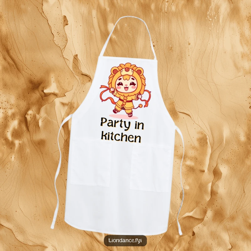 Funny character dancing with flowing ribbons and a lion costume on a durable apron, adding festive humor to cooking.