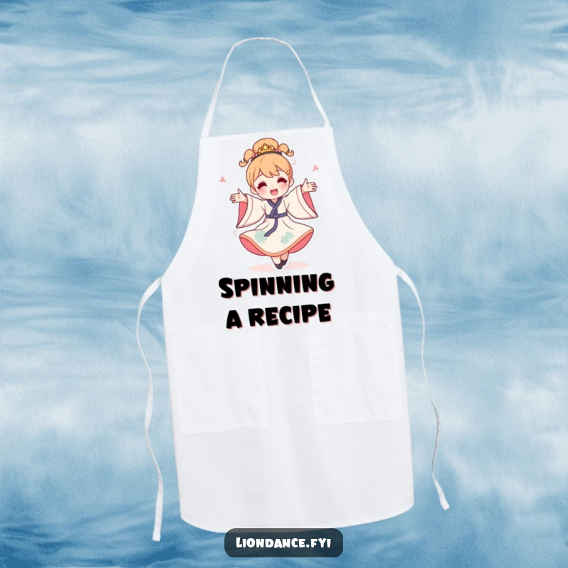 Funny celebration spin apron, a happy character in a flowing costume spinning, perfect for adding fun to cooking.