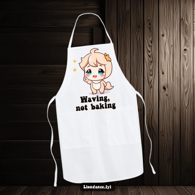 Funny apron featuring a smiling cartoon character giving a friendly nod, adding a touch of warmth to kitchen tasks.