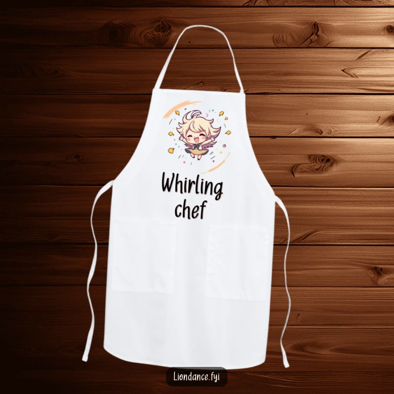 Funny apron with a character spinning energetically amongst playful strokes, perfect for kitchen fun. Great funny gift.