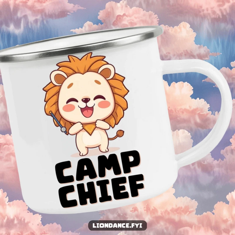 Funny camping mug showcasing a joyful character posing playfully with a lion head prop, ready for adventures and humorous moments outdoors.