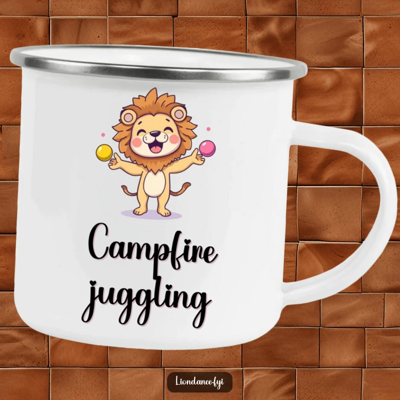 Funny character in a lion head costume juggling colorful balls on a sturdy camping mug, bringing fun to outdoor trips.