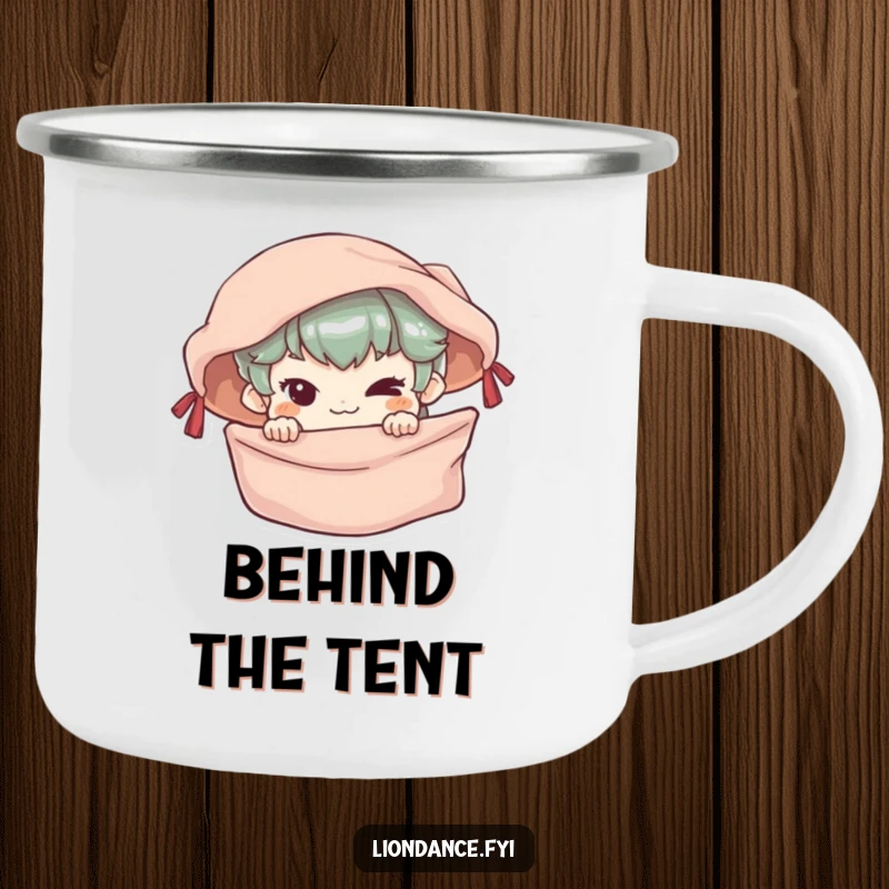Funny Camping Mug showing a mischievous character peeking from behind a silken banner, ideal for outdoor trips.