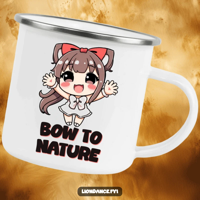 Funny Camping Mug showing a character doing an exaggerated, joyful bow, perfect for outdoor enthusiasts with flair.