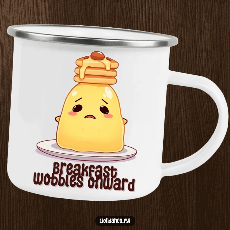 Funny Jelly Pancake Camping Mug depicting a bewildered blob of jelly trying to balance pancakes on its head by a campfire.
