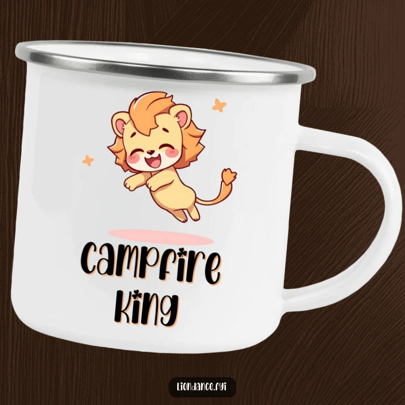 Funny camping mug featuring a delighted character tumbling with a flowing lion's tail, ideal for enjoying beverages outdoors with a humorous twist.