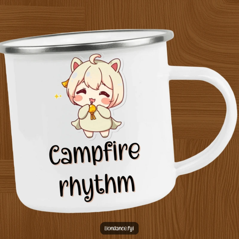 Funny Camping Mug featuring a character shaking a jingling prop, ideal for outdoor enthusiasts with a sense of humor.