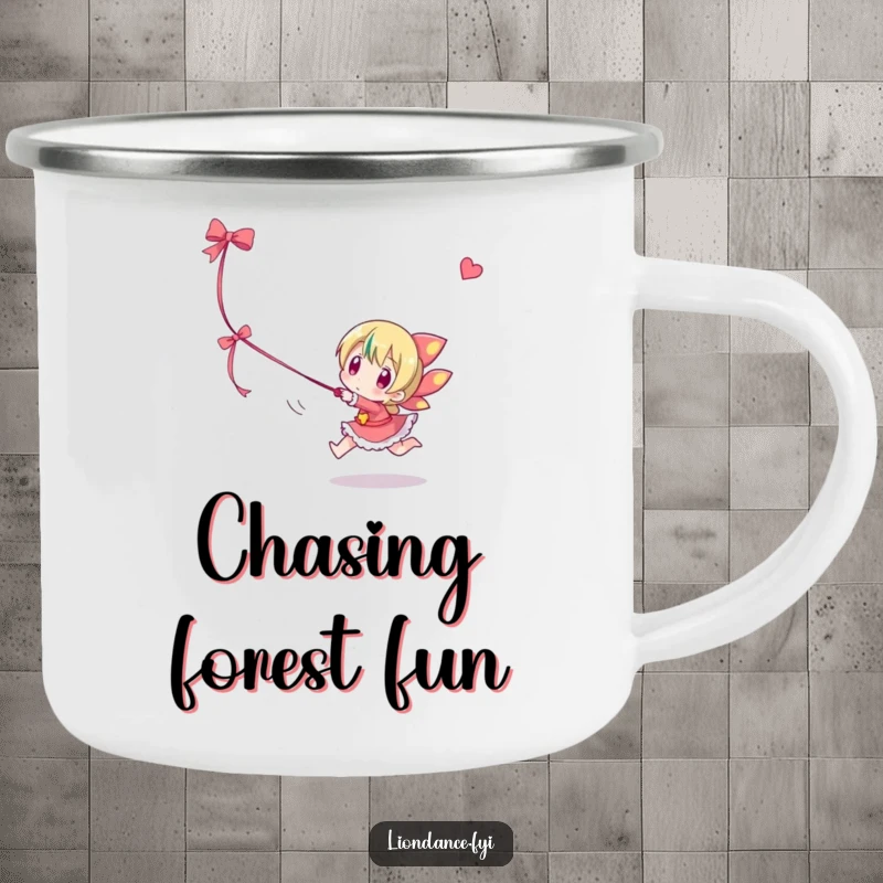 Funny camping mug showing a character playfully chasing a dangling ribbon, a whimsical companion for outdoor trips.