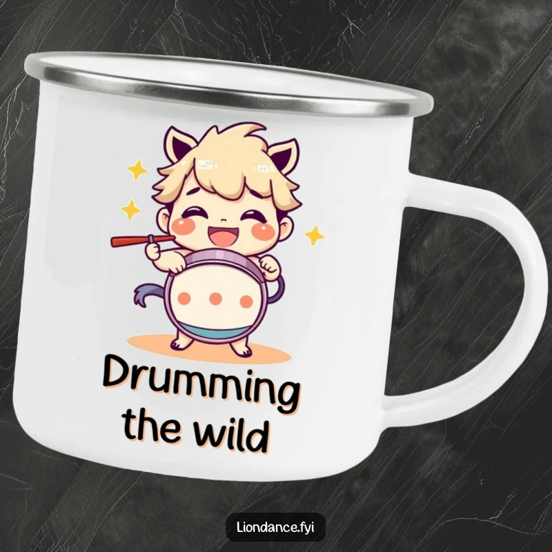 Funny Camping Mug: A character drumming with a wide grin, bringing rhythmic fun to outdoor adventures. Durable and humorous.