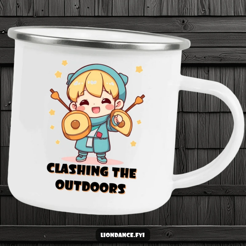 Funny Camping Mug: A character happily clashing cymbals, bringing celebratory fun to outdoor adventures. Durable and humorous.