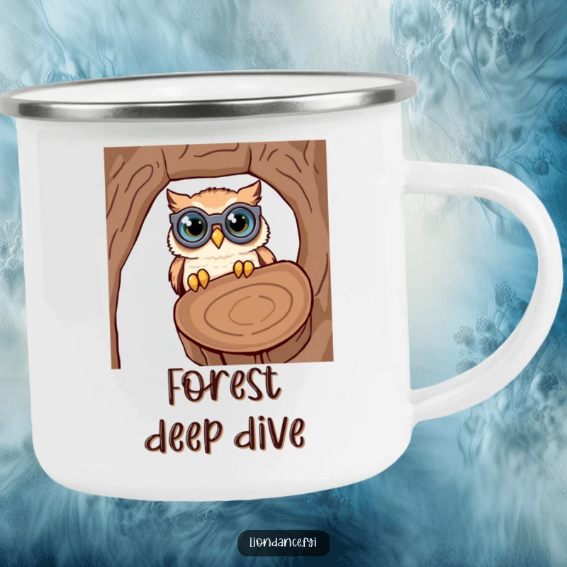 Funny enamel camping mug with a cute owl wearing oversized binoculars, comically peering into a log, perfect for outdoor use.