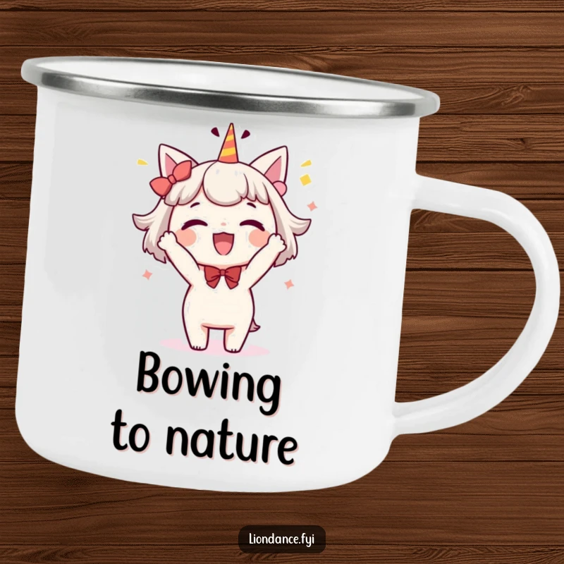 Funny enamel camping mug with a delighted character performing a whimsical, celebratory bow, ideal for outdoor use with charming humor.