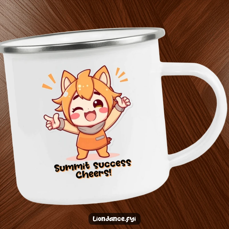 Funny camping mug featuring a delighted character in a bold, striking, and celebratory pose, ready for outdoor fun and laughter.