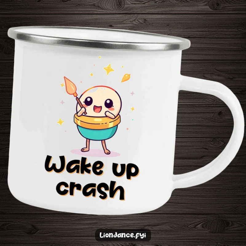 Funny cymbal clash camping mug, depicting a cute percussion prop clashing festively, ready for outdoor adventures and humor.