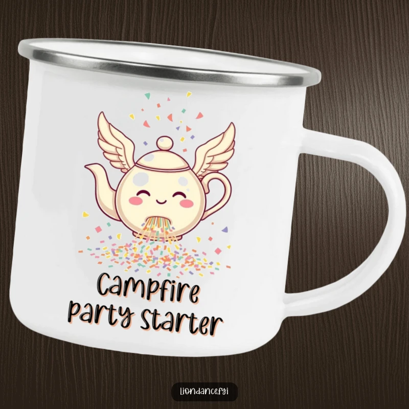Funny Flying Teapot Camping Mug showing a cheerful, winged teapot pouring a cascade of confetti under the stars.