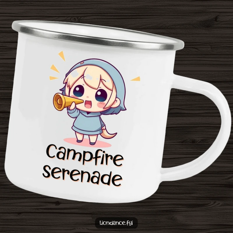 Funny camping mug with a character blowing a horn, ideal for outdoor adventures and cheerful mornings.