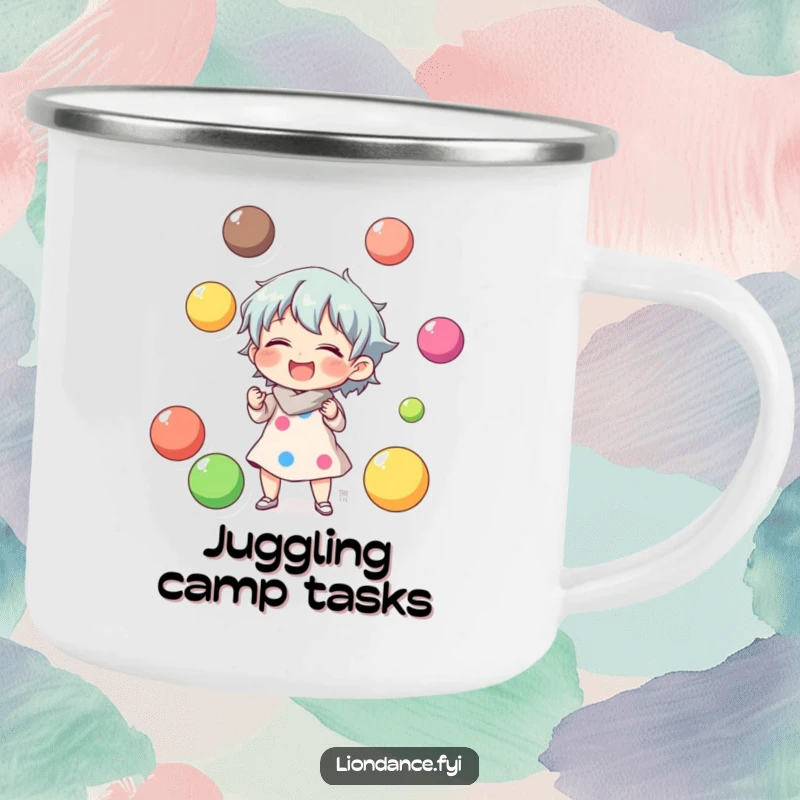 Funny camping mug with a character laughing while juggling colorful balls, perfect for outdoor drinks with playful humor.