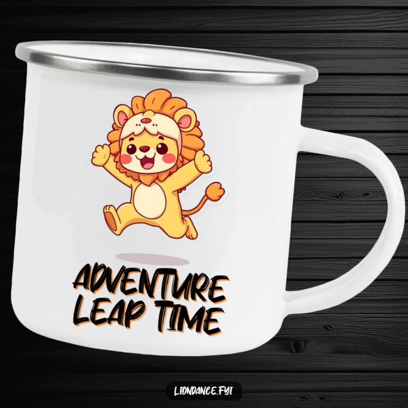 Funny Camping Mug featuring a character in a vibrant lion costume in an energetic leap, ready for the outdoors, a durable funny gift.